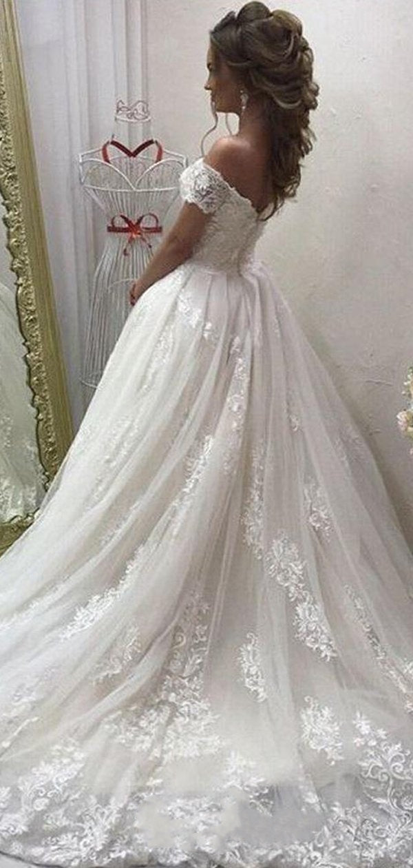 Off Shoulder Long A-line Lace Tulle Wedding Dresses, Elegant Wedding Dresses, Bridal Gown, Long Wedding Dresses