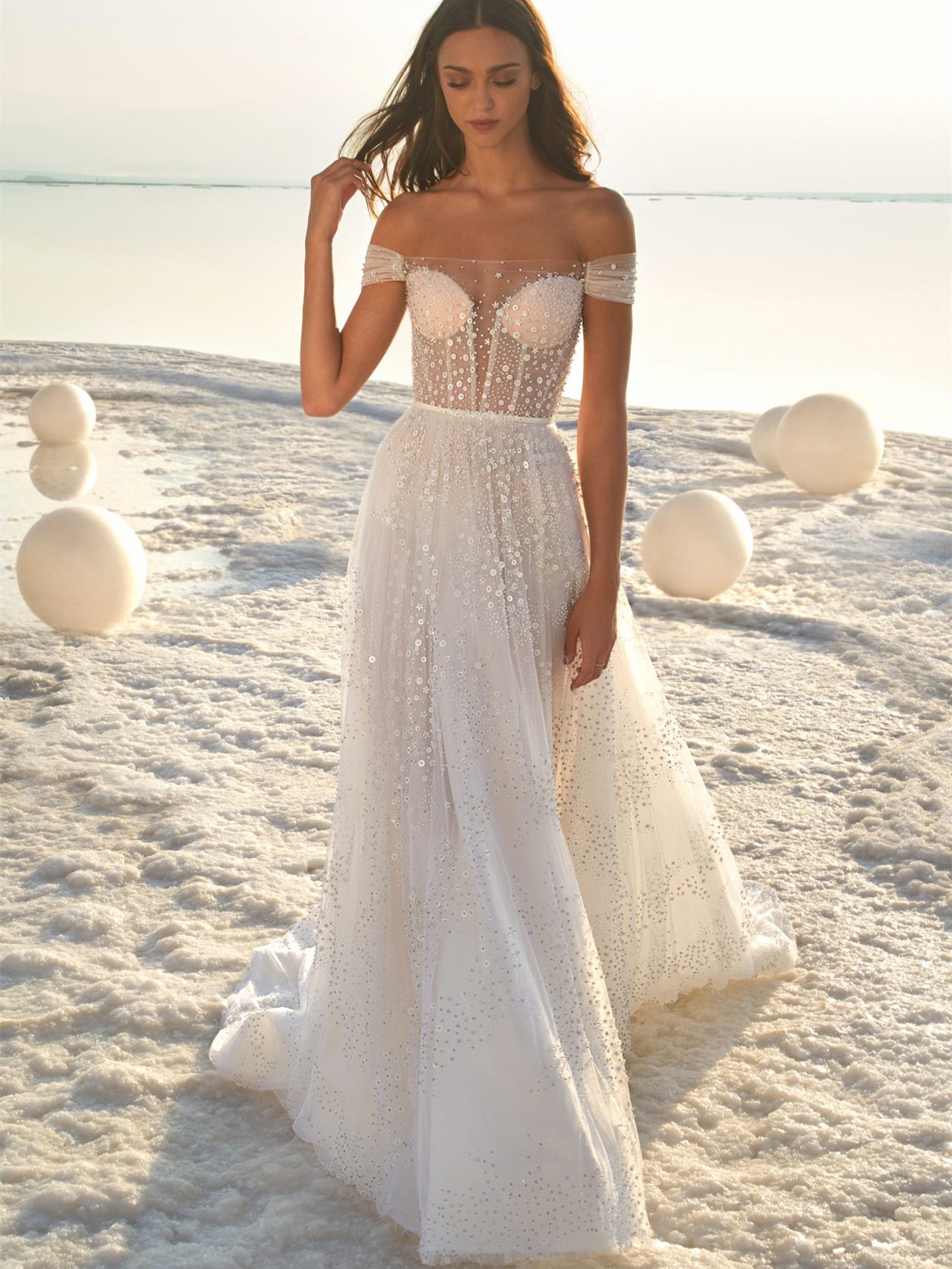 Off Shoulder A-line Beach Wedding Dresses, Sequin Tulle Wedding Dresses, Romantic Bridal Gown