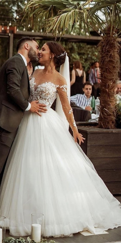 Round Neck Long A-line Lace Tulle Wedding Dresses, Popular Wedding Gown, Bridal Gown