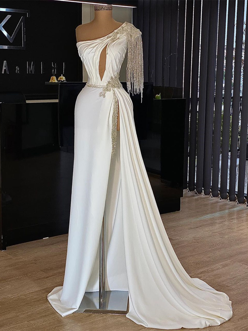 One Shoulder Long High Slit Prom Dresses, Tassels Jersey Long Prom Dresses, 2021 Prom Dresses