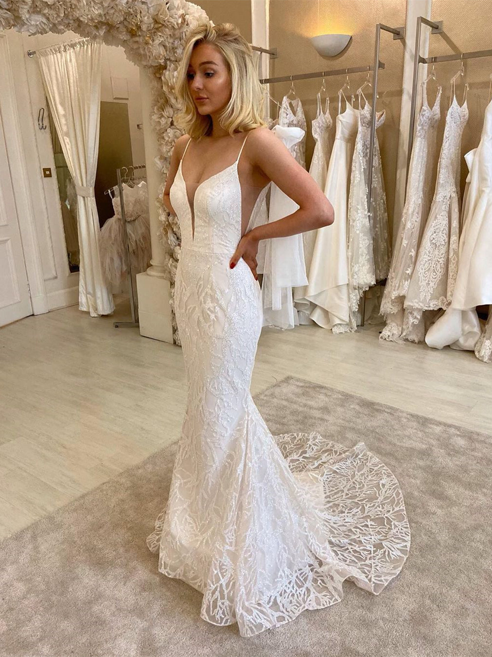 2 Pieces Spaghetti Long Mermaid Sequin lace Wedding Dresses, 2020 Newest Wedding Dresses, Bridal Gown