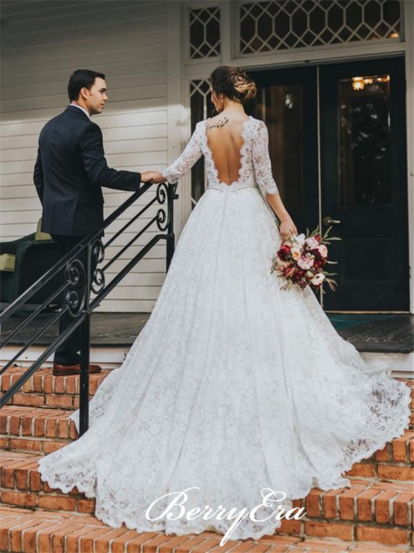 Long Sleeves Backless A-line Lace Wedding Dresses