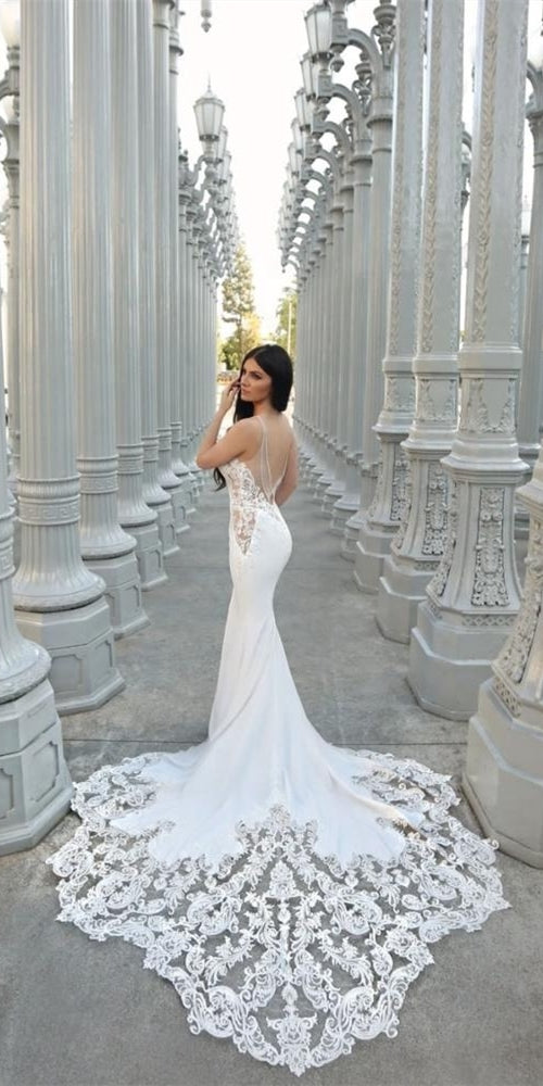 Spaghetti Long Mermaid Lace Jersey Wedding Dresses, Sexy Wedding Dresses, 2020 Bridal Gown