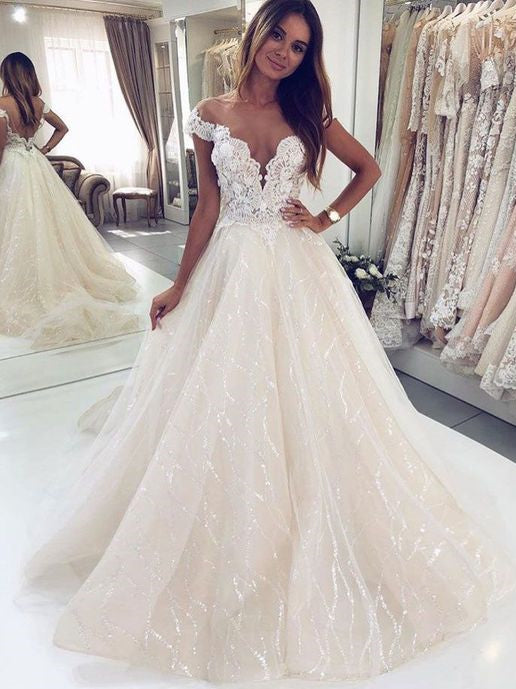 Off Shoulder Long A-line Lace Wedding Dresses, Seuqin Tulle Wedding Dresses, Sparkle Wedding Dresses