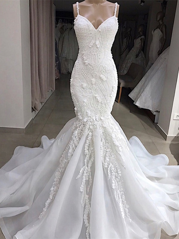 Spaghetti Long Mermaid Lace Organza Wedding Dresses, 2020 Wedding Dresses, Popular Bridal Gown