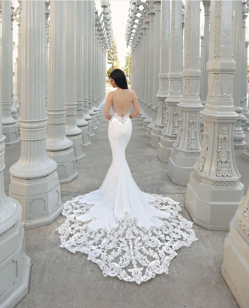Spaghetti Long Mermaid Lace Jersey Wedding Dresses, Sexy Wedding Dresses, 2020 Bridal Gown