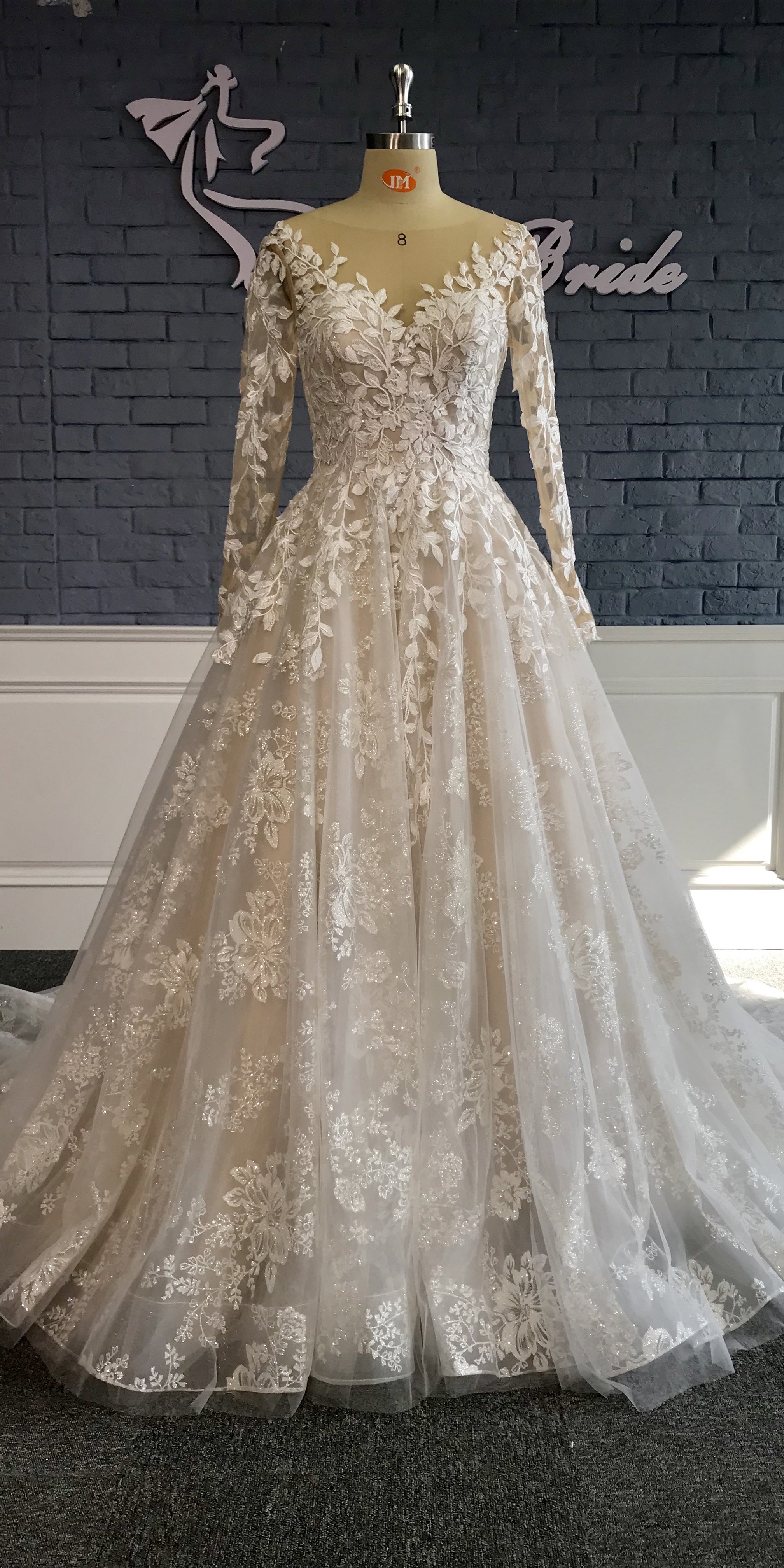 Long Sleeves Lace Tulle Wedding Gown, Elegant Lace Bridal Gown, 2020 Wedding Dresses