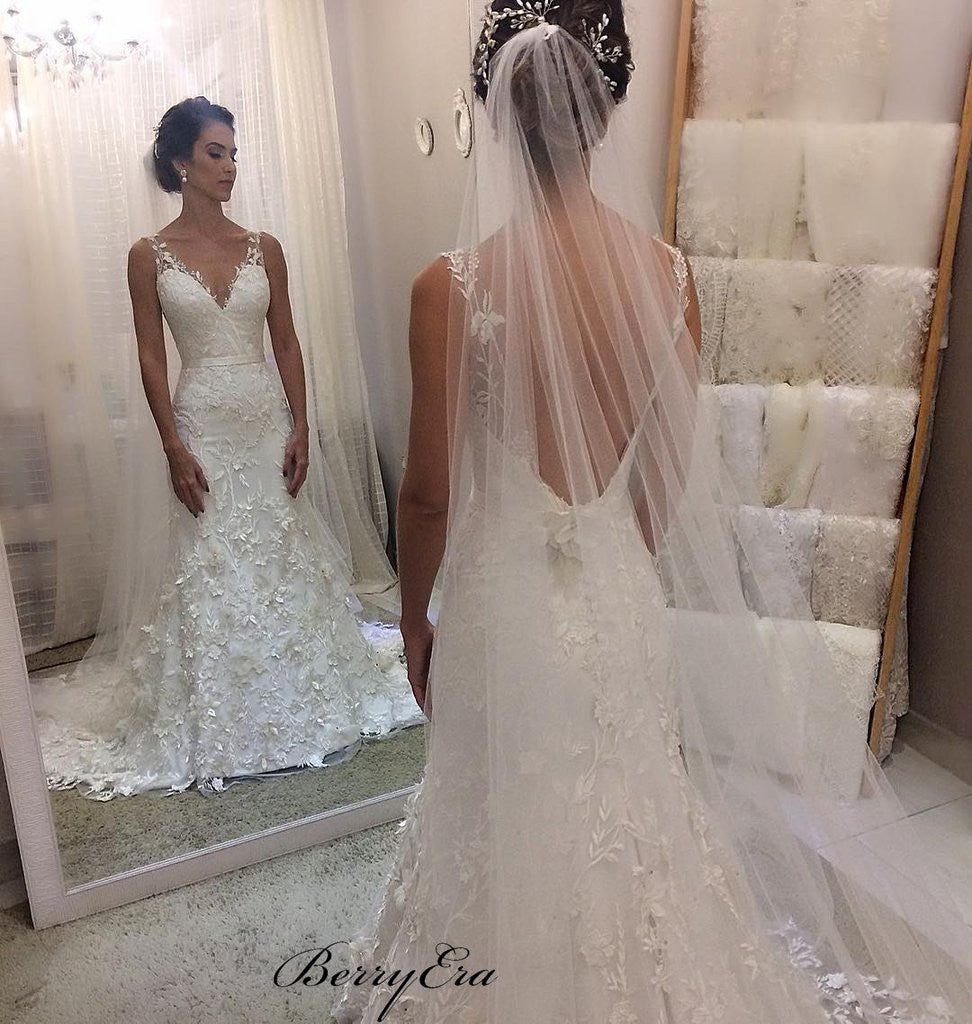 Lace Sheath Sleeveless Backless Charming Wedding Dresses, Elegant Lace Bridal Gowns