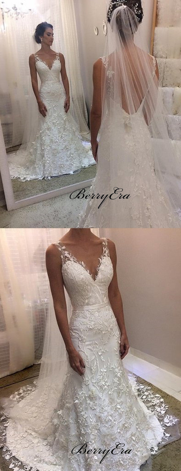 Lace Sheath Sleeveless Backless Charming Wedding Dresses, Elegant Lace Bridal Gowns
