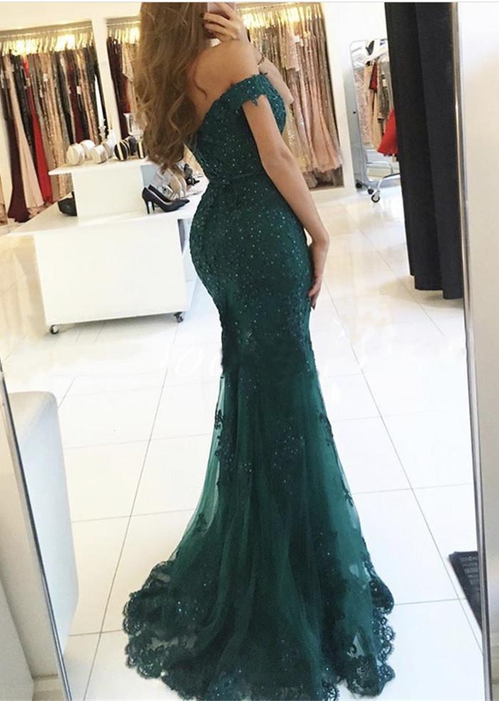 Off Shoulder Long Mermaid Emerald Green Lace Prom Dresses