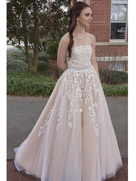 Strapless Long A-line Tulle Lace Beaded Prom Dresses