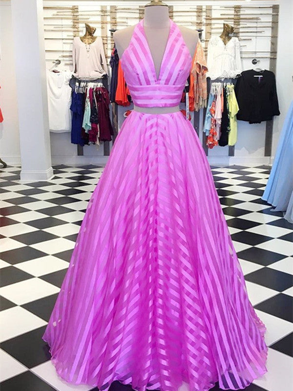 Unique Two Pieces Stripes Long A-Line Prom Dress 2019 New Dress