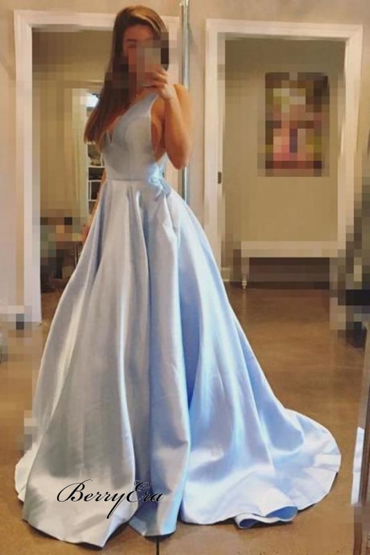 Light Blue A Line Satin Long Prom Dress Sleeveless Evening Prom Dresses