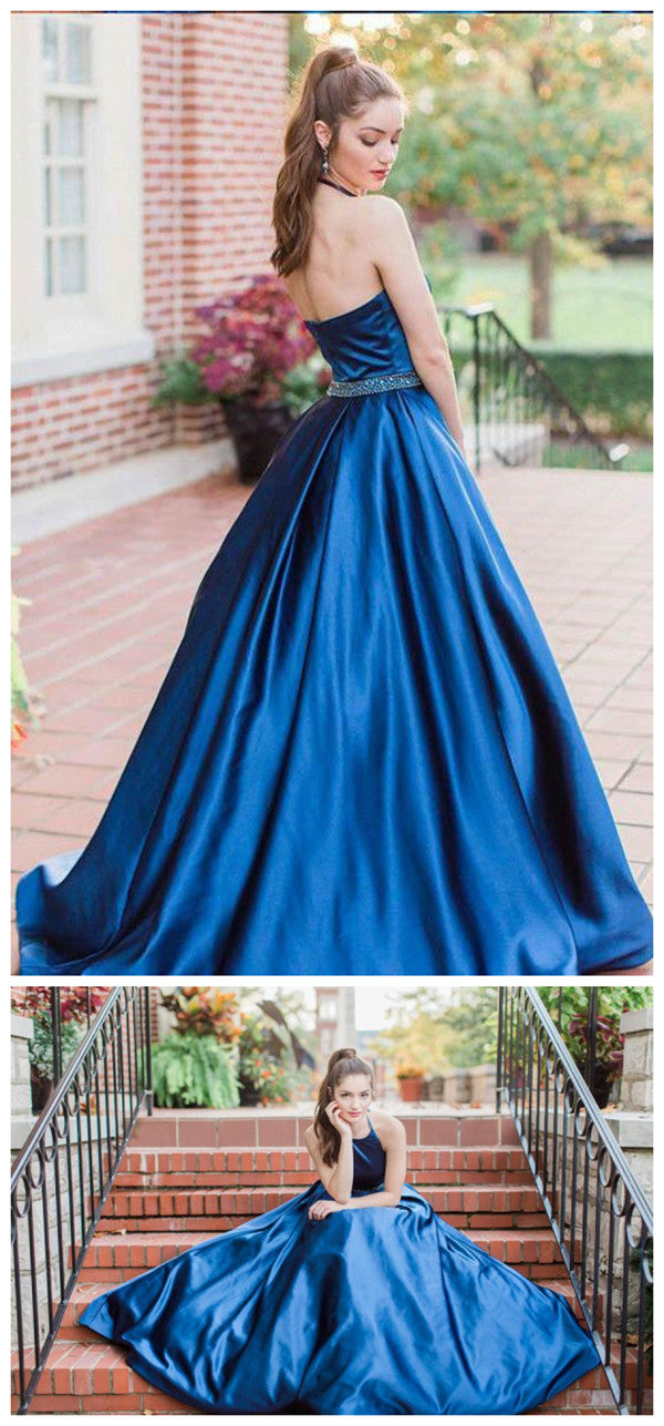 Sleeveless Royal Blue A Line Long Evening Party Prom Dress