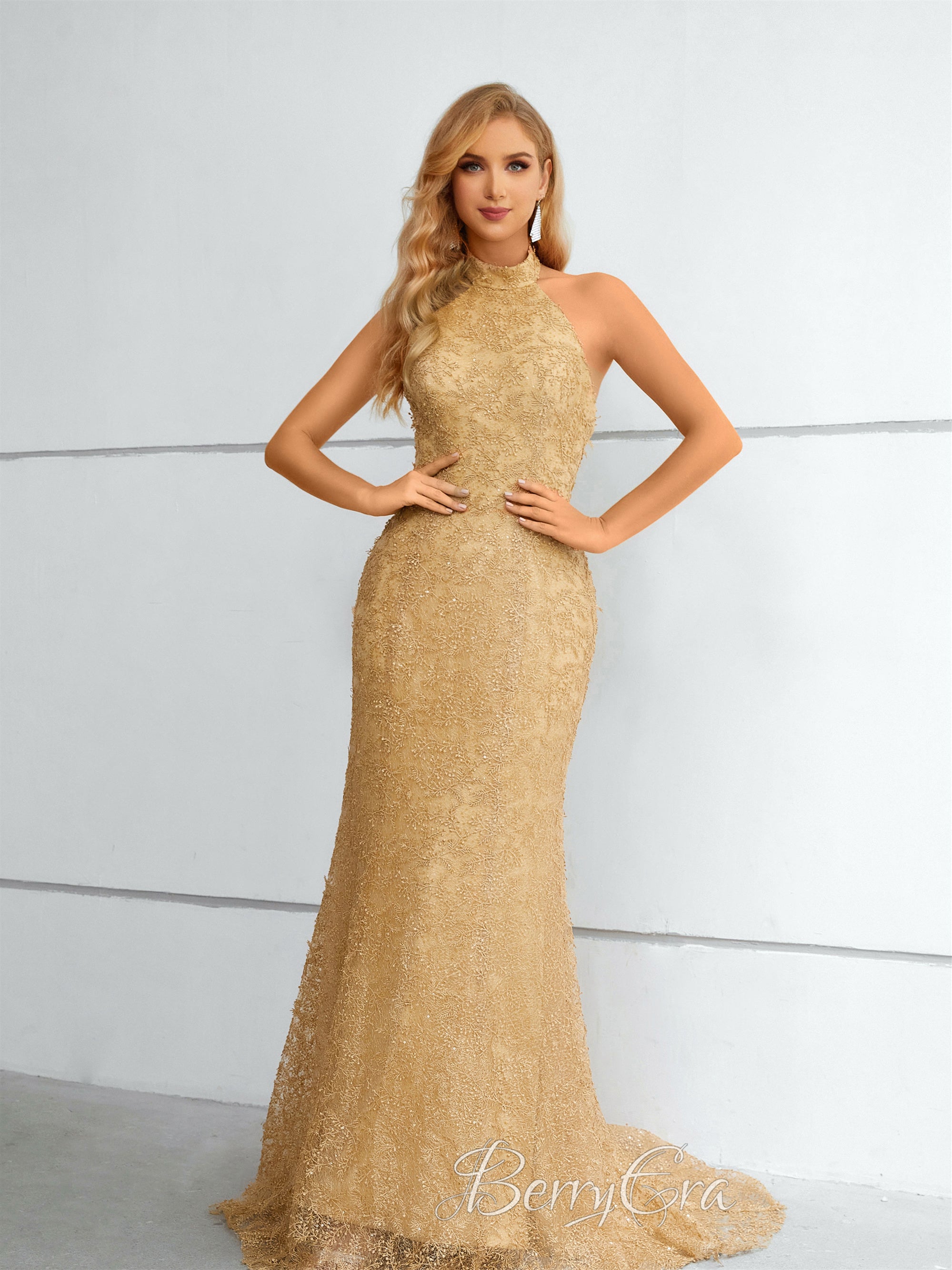 Halter Mermaid Lace Prom Dresses, Gorgeous 2023 Prom Dresses, Newest Prom Dresses, Evening Dresses