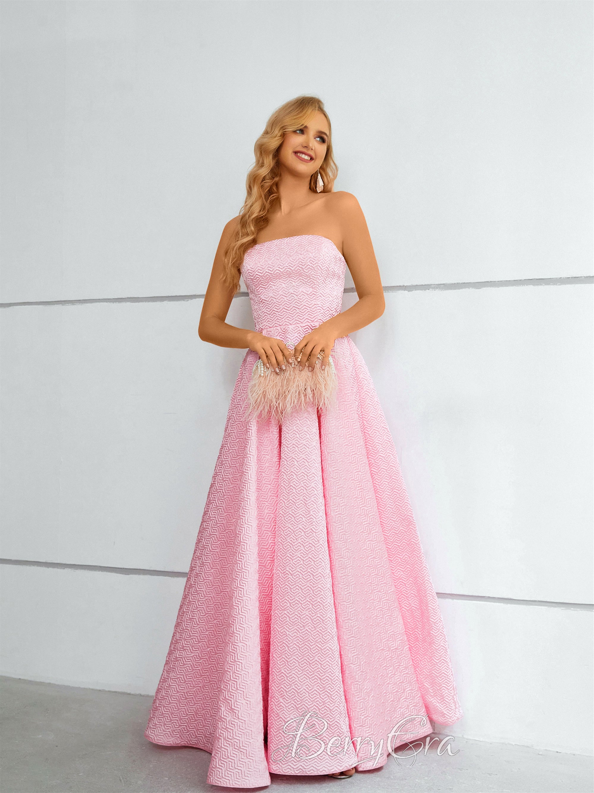 Pink Printed Satin A-line Prom Dresses, Simple Prom Dresses, Graduation Party Dresses, 2023 Prom Dresses