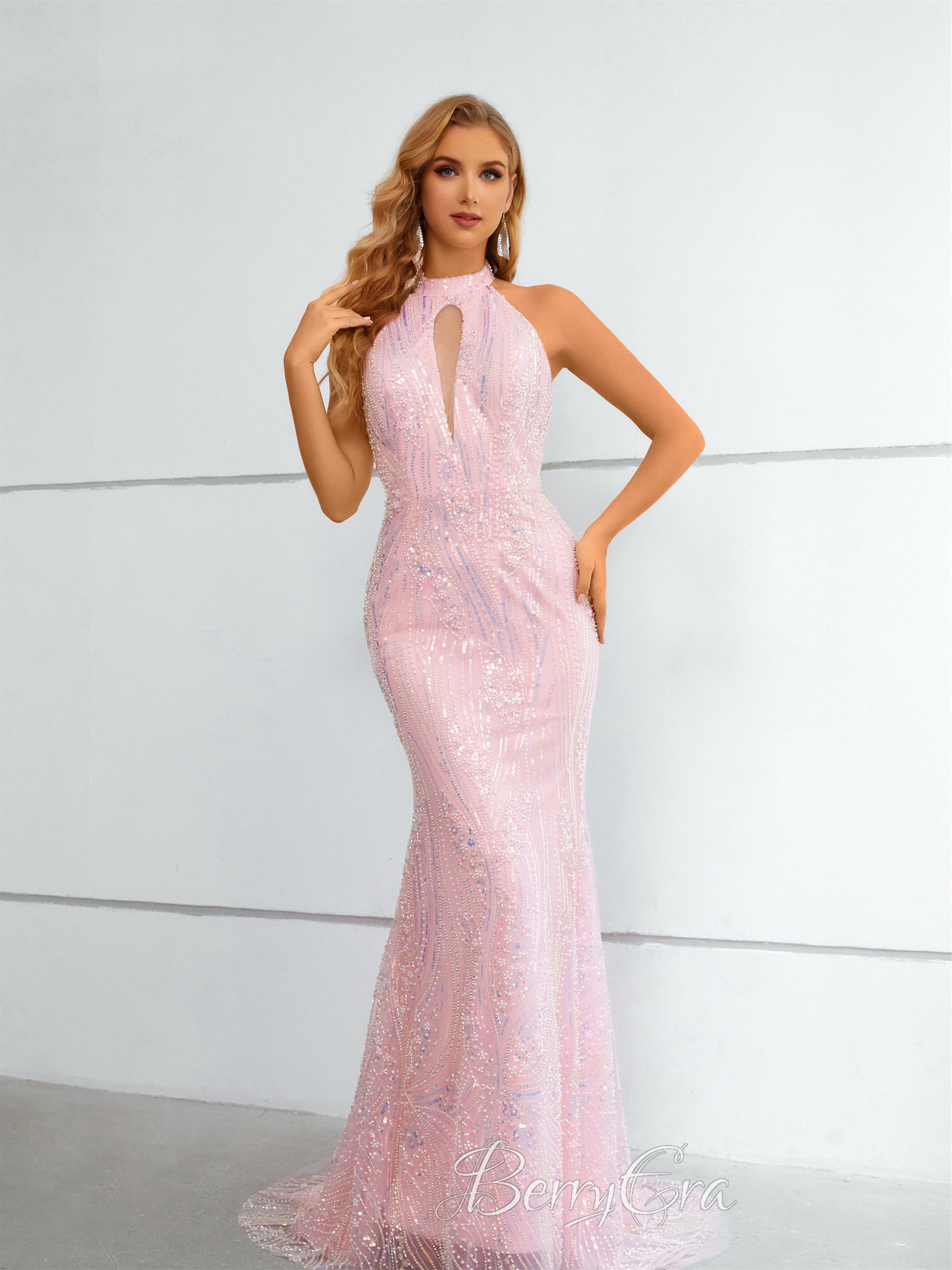 Halter Sequin Lace Mermaid Prom Dresses, Pink Prom Dresses, Affordable Prom Dresses, 2023 Prom Dresses