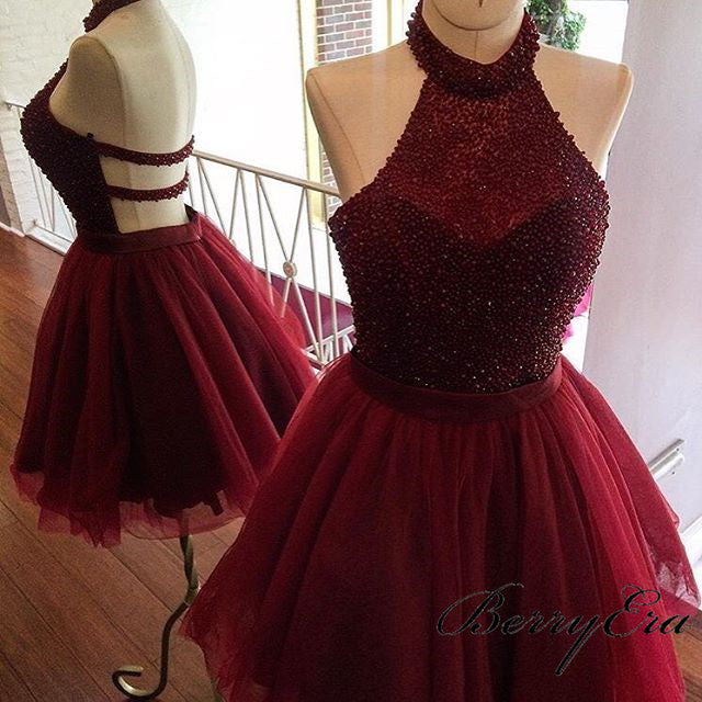 Red Halter Long A-line Beaded Tulle Prom Dresses