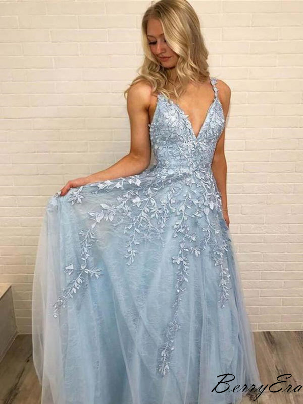 Light Blue Lace Tulle V Neck Spaghetti Strap Formal Long Prom Dresses