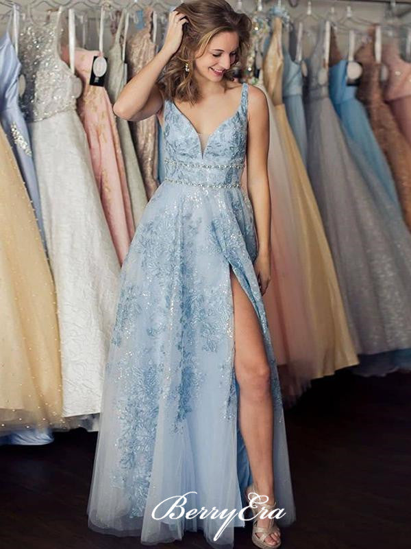 V-neck Light Blue Lace Tulle Prom Dresses, Long Prom Dresses