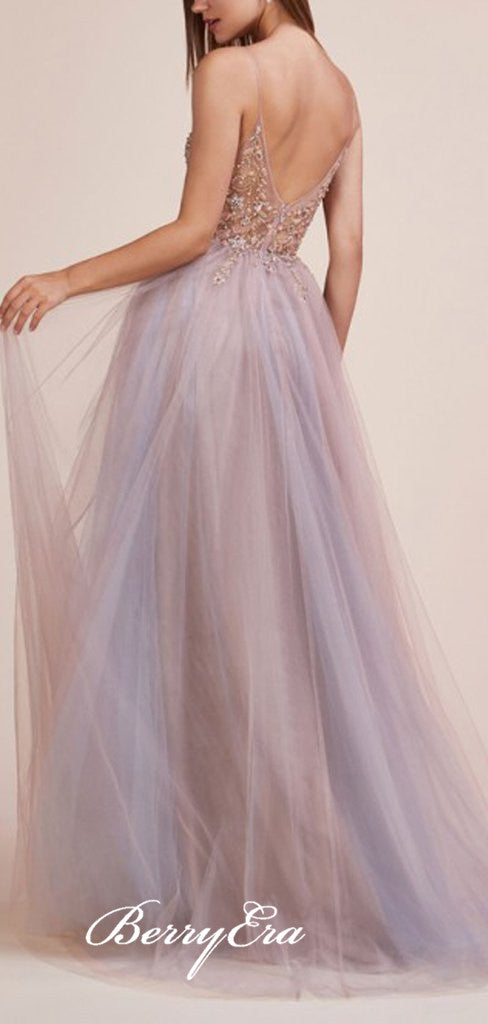 V-neck Light Purple Tulle Beaded Long Prom Dresses