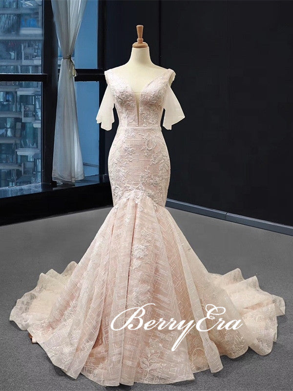 V-neck Blush Elegant Lace Tulle Wedding Dresses, Long Train Long Wedding Dresses, Bridal Gown