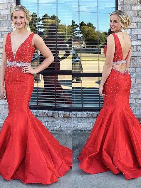 V-neck Red Satin Beaded Long Mermaid Prom Dresses