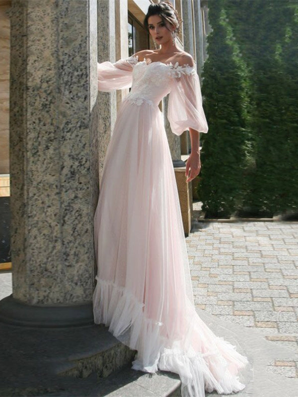 Boho Pink Tulle Lace Prom Dresses, Wedding Dresses, Long Prom Dresses, 2021 Prom Dresses