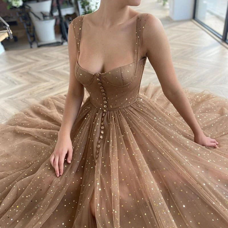 Straps Long A-line Prom Dresses, Sequin Tulle Prom Dresses, Lovely Prom Dresses, 2021 Prom Dresses, Cheap Prom Dresses