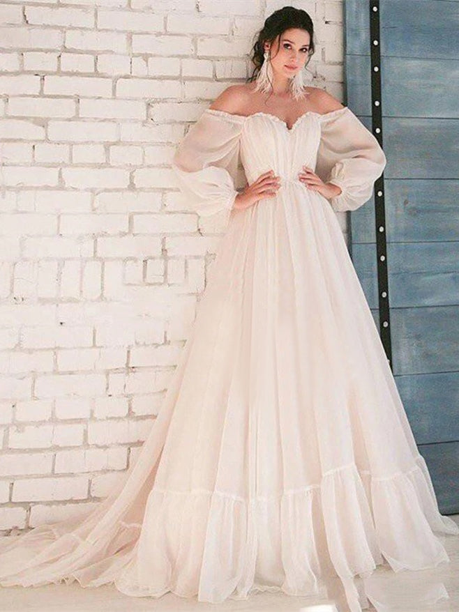 Off Shoulder Bubble Sleeve Ivory Prom Dresses, Modest Prom Dresses, 2021 Prom Dresses, Newest A-line Prom Dresses