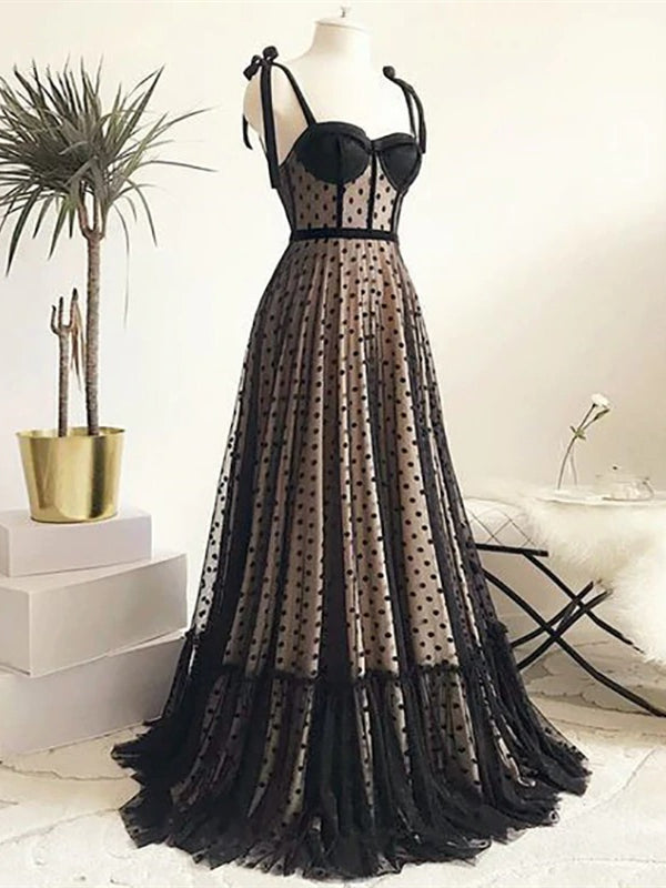 Black Polka Dots A-line Prom Dresses, 2021 Prom Dresses, Newest Prom Dresses, Cheap Prom Dresses