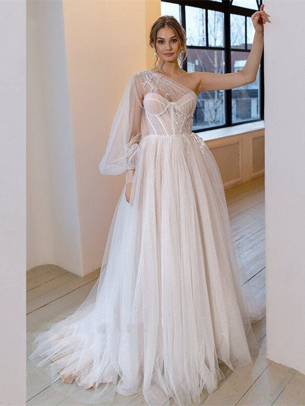 One Shoulder Ivory Sequin Tulle Prom Dresses, Appliques Wedding Dresses, Long Prom Dresses, 2022 Bridal Gowns