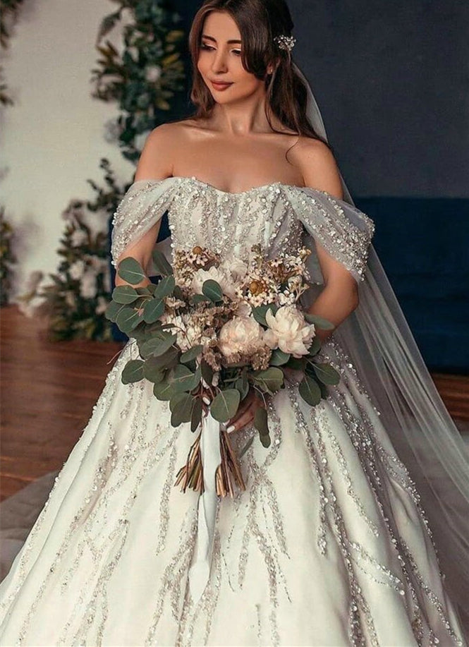 Off Shoulder Long Ball Gown, Beaded Sequin Wedding Dresses, Long Wedding Dresses, Luxury Wedding Dresses