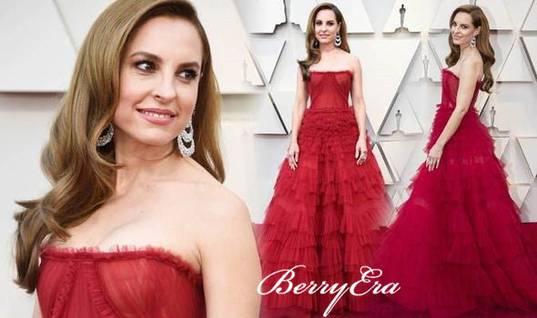 Marina de Tavira Strapless Red Tulle Prom Dresses, Celebrity Dresses, Long Prom Dresses