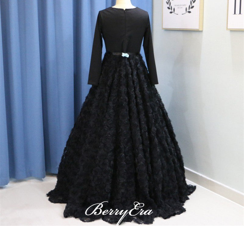 V-neck 3D Floral Black Prom Dresses, Gorgeous Prom Dresses, Long Prom Dresses
