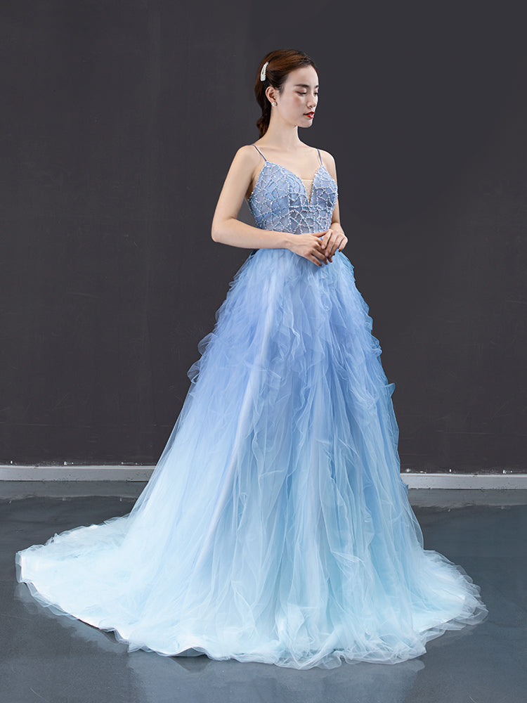 Spaghetti Long A-line Prom Dresses, Pale Blue Beaded Tulle Prom Dresses, 2021 Prom Dresses, Cheap Prom Dresses