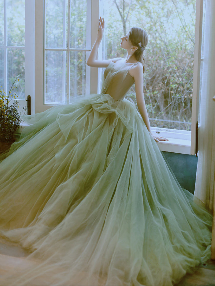 Spaghetti Green Tulle Wonderland Dresses, Prom Dresses, Long Prom Dresses, Wedding Dresses, 2021 Prom Dresses