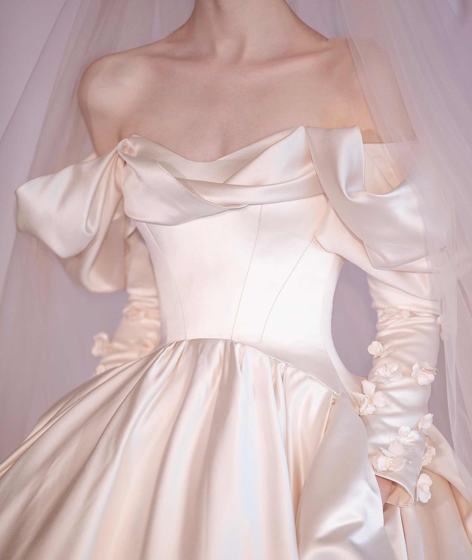 Gradient Satin A-line Wedding Dresses, Off Shoulder Long Sleeves Wedding Dresses, Bridal Gown, Popular Wedding Dresses