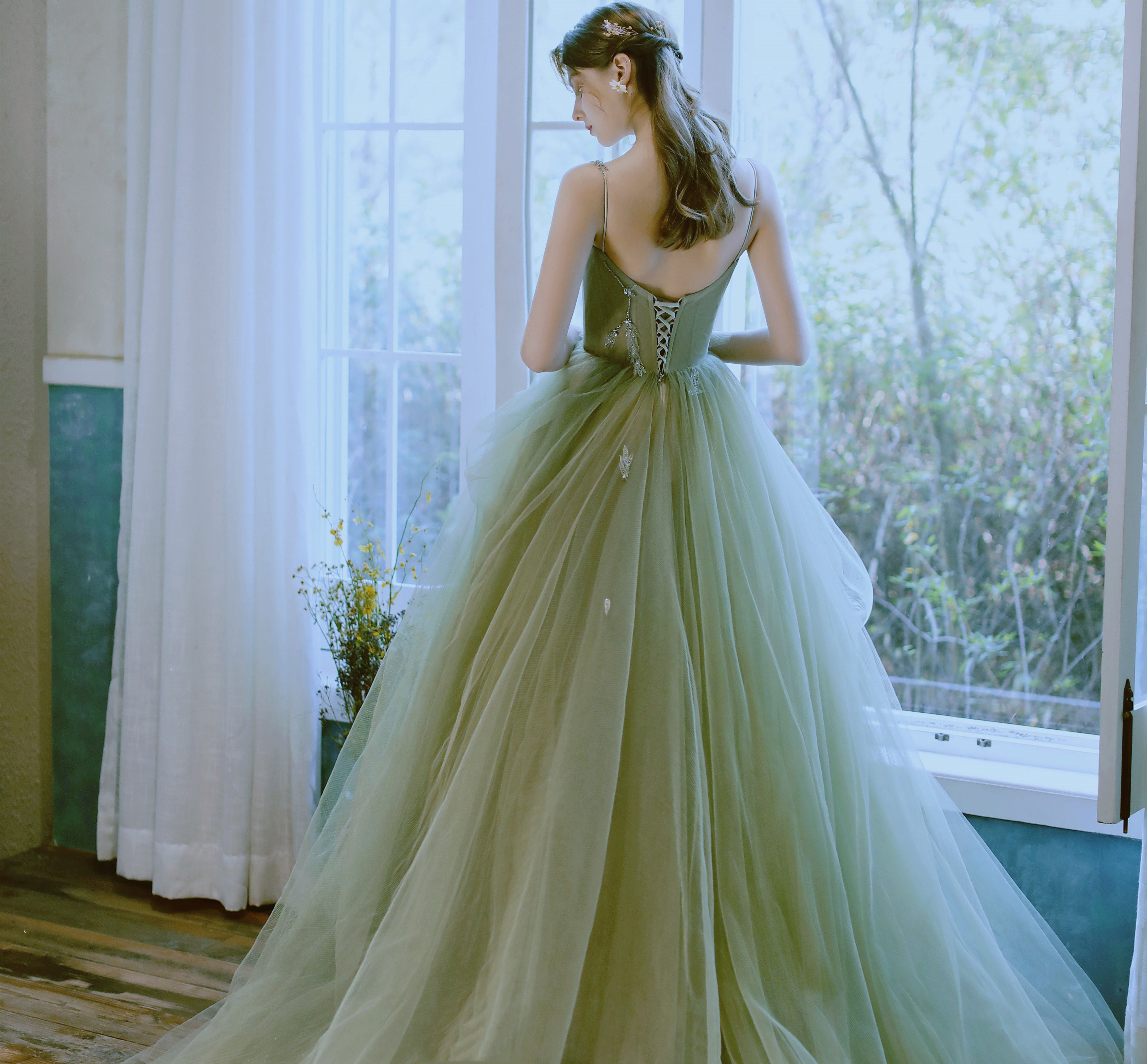 Spaghetti Green Tulle Wonderland Dresses, Prom Dresses, Long Prom Dresses, Wedding Dresses, 2021 Prom Dresses