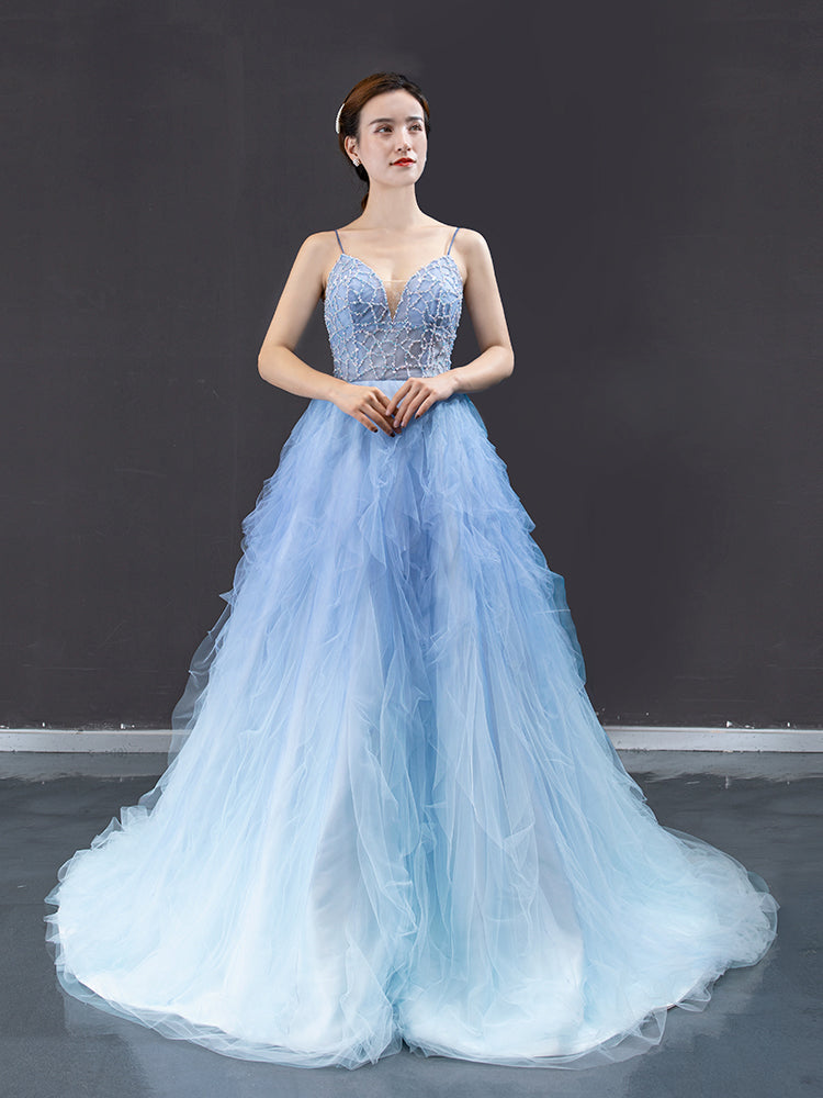 Spaghetti Long A-line Prom Dresses, Pale Blue Beaded Tulle Prom Dresses, 2021 Prom Dresses, Cheap Prom Dresses
