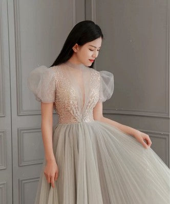 Bubble Sleeved Tulle Long Prom Dresses, Sequin Beaded Prom Dresses, 2021 Prom Dresses, Newest Prom Dresses