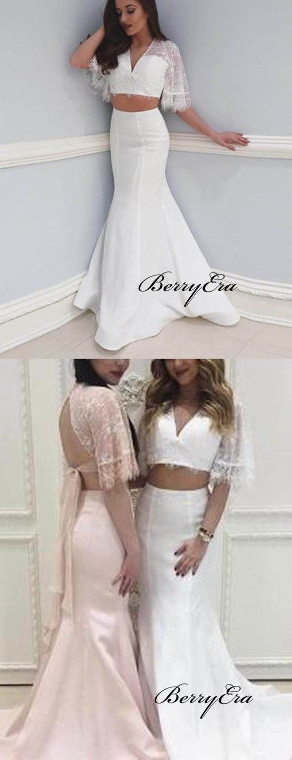 Two Pieces Lace Top Prom Dresses, Mermaid Satin Prom Dresses, Popular Prom Dresses