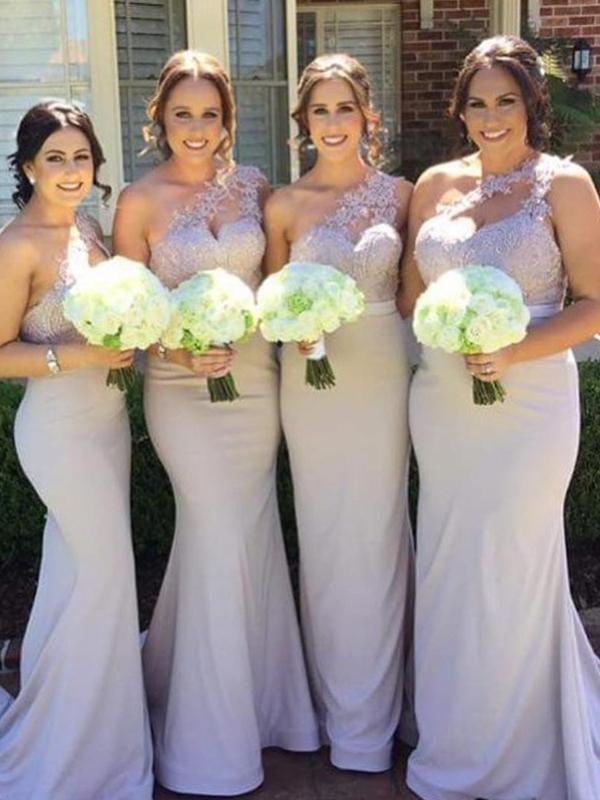 Lilac One Shoulder Long Mermaid Lace Jersey Bridesmaid Dresses
