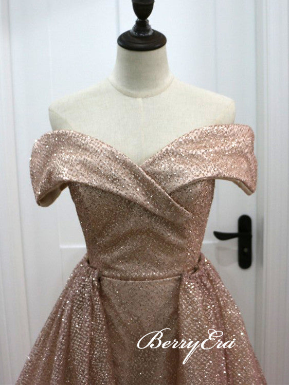 Off Shoulder Long A-line Rose Gold Sequin Prom Dresses, Shiny Prom Dresses