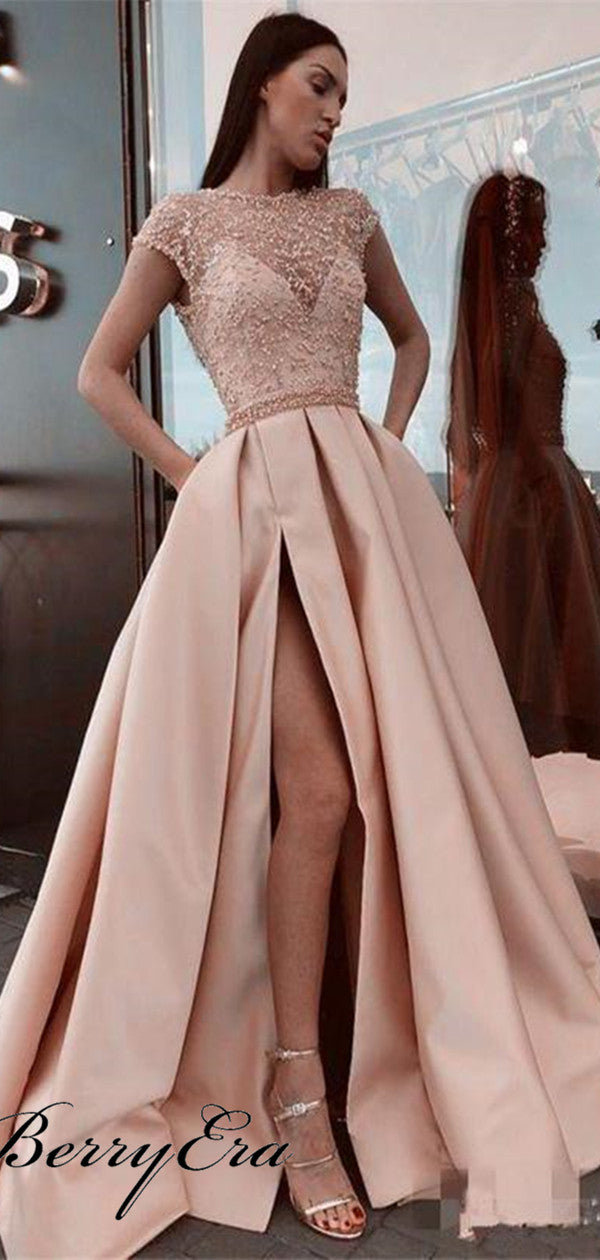 Cap Sleeves Stain Slit Prom Dresses, Beaded Fancy Prom Dresses