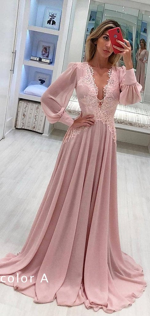 V-neck Long A-line Chiffon Lace Prom Dresses