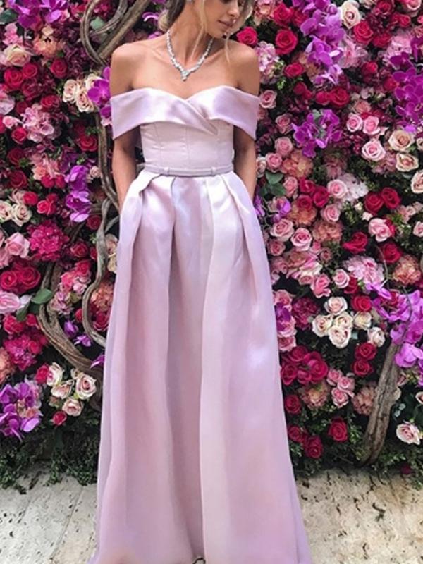 Off Shoulder Blush Pink Satin A-line Prom Dresses
