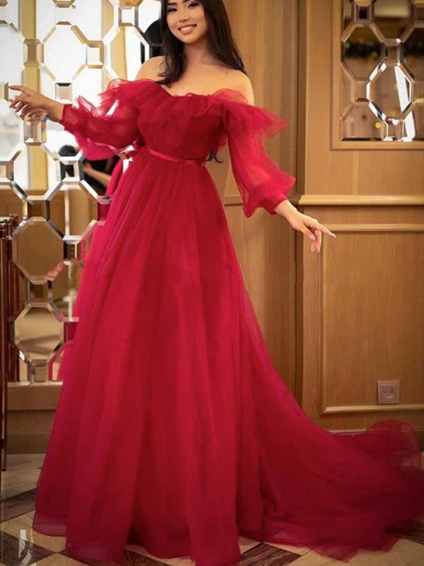 Princess Off Shoulder Long Sleeves Red Long Prom Dress, A-line Popular 2021 Prom Dresses