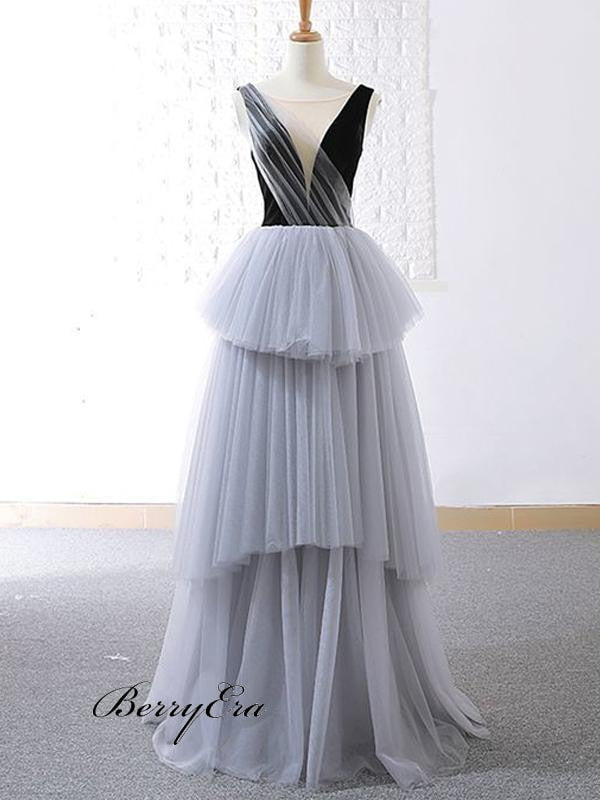 Long A-Line Black Top Grey Tulle Prom Dresses Prom Dresses