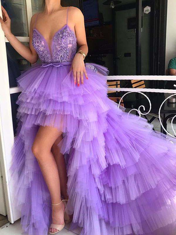 Hi-low Purple Tulle Lace Beaded Long Prom Dresses
